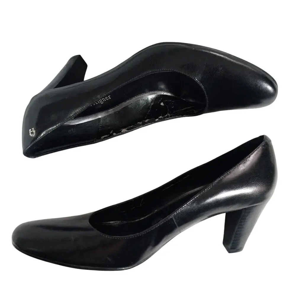 ETIENNE AIGNER! BLACK GENUINE LEATHER MODERATE HEELED CLASSIC PUMPS, HEELS! 7.5M